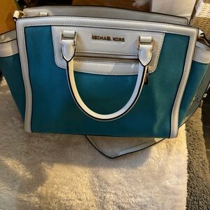 Michael Kors Selma Top Zip Large Satchel Canvas Summer Blue Shoulder Bag